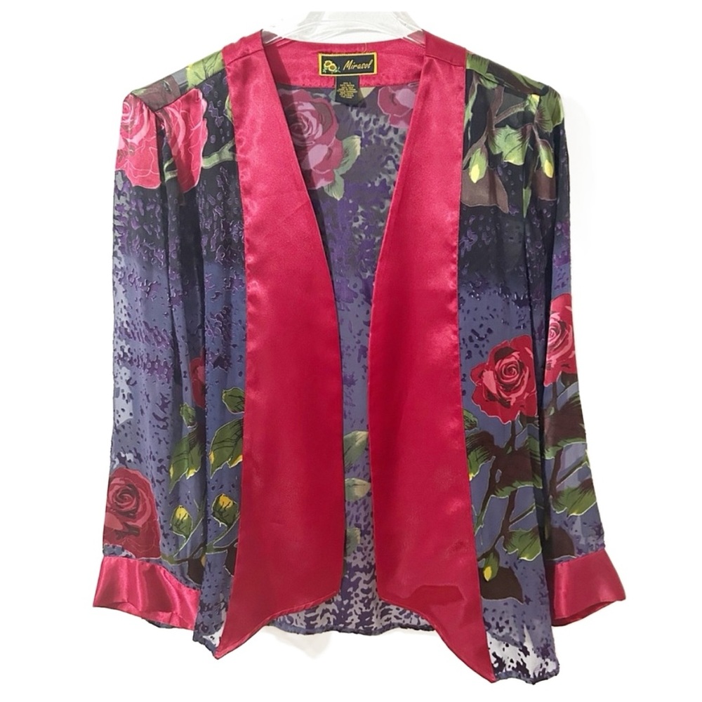 Mirasol Long Sleeve Floral Sheer Kimono Raised Velvet Details Banded Trim Layer